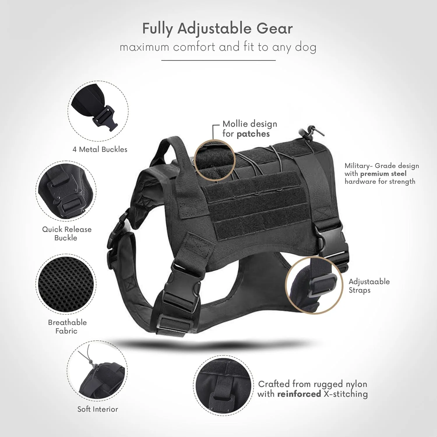 Tactical Dog Harness with Handle Collar and Leash Set Dog Vest Harness No Pull Dog Harness with Patches Adjustable Buckles for Dogs(Black Medium)