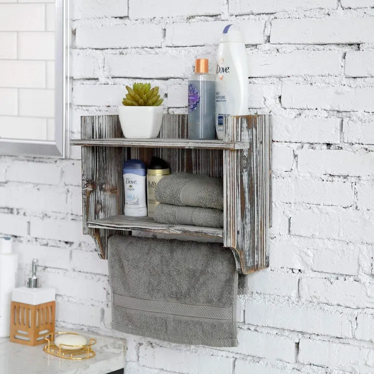 Torched Wood Bathroom Organizer - Wall Mounted Rack with 2 Shelves and Hanging Towel Bar