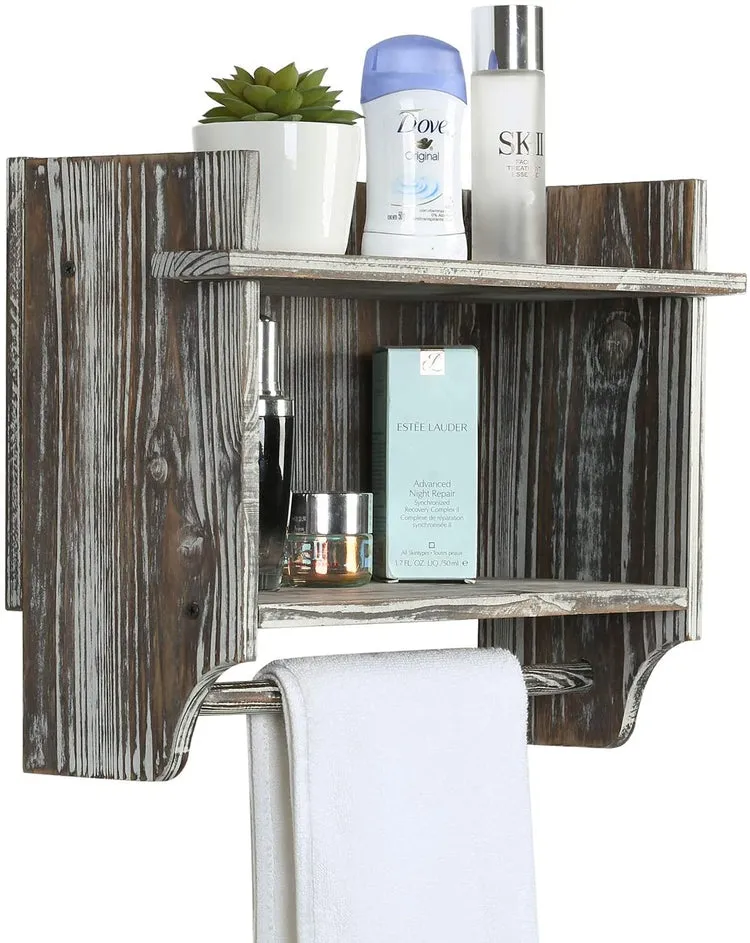 Torched Wood Bathroom Organizer - Wall Mounted Rack with 2 Shelves and Hanging Towel Bar