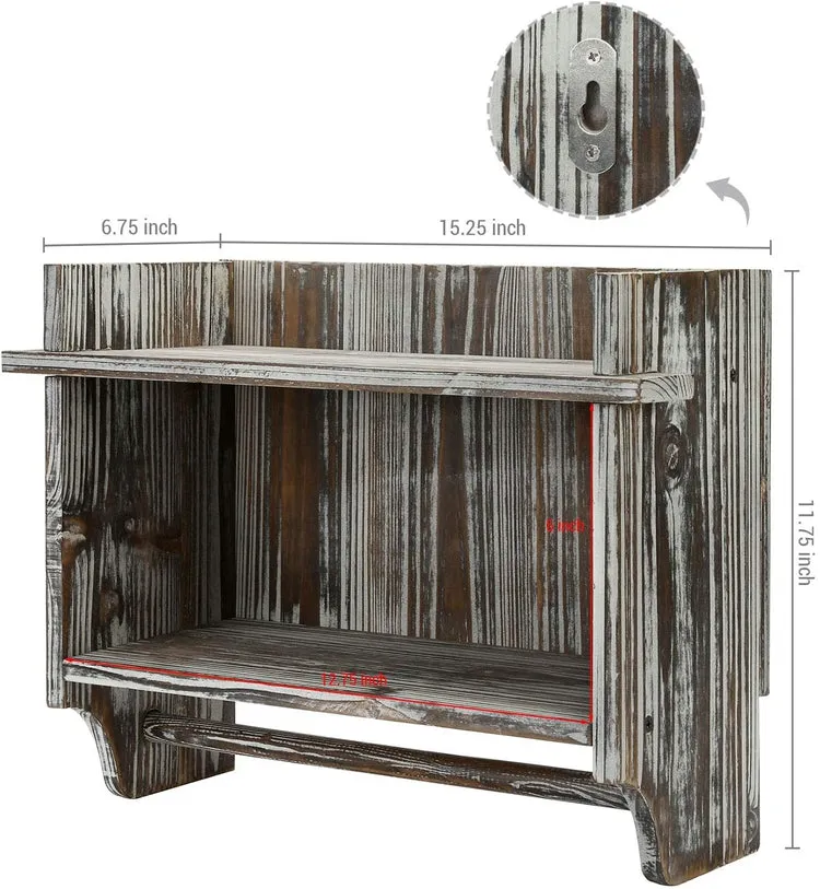 Torched Wood Bathroom Organizer - Wall Mounted Rack with 2 Shelves and Hanging Towel Bar