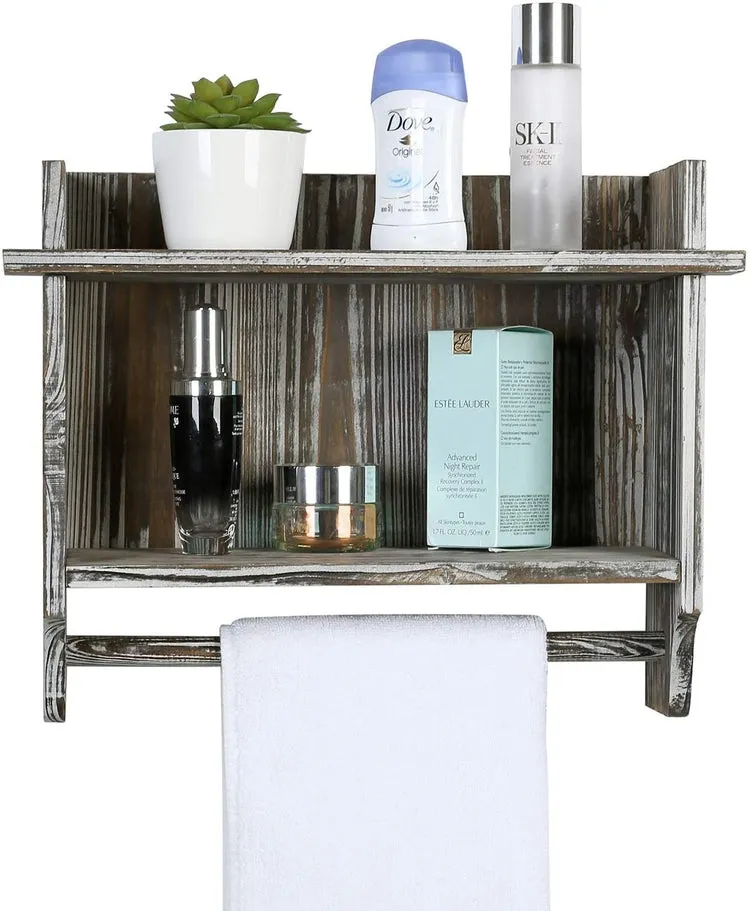 Torched Wood Bathroom Organizer - Wall Mounted Rack with 2 Shelves and Hanging Towel Bar