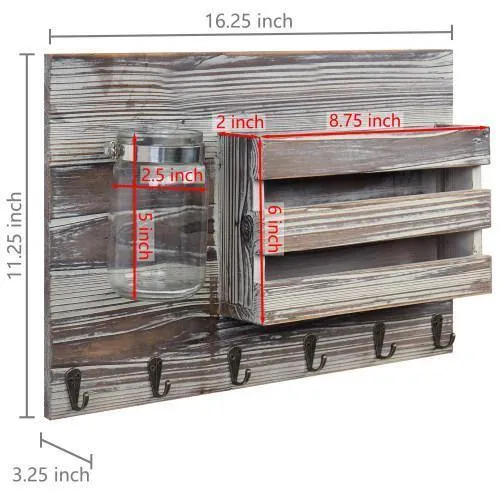 Torched Wood Mail Sorter with Hooks & Mason Jar