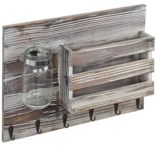 Torched Wood Mail Sorter with Hooks & Mason Jar