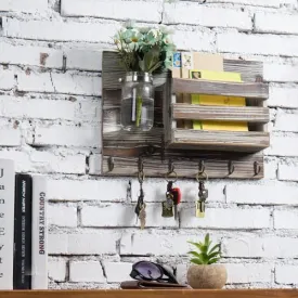 Torched Wood Mail Sorter with Hooks & Mason Jar