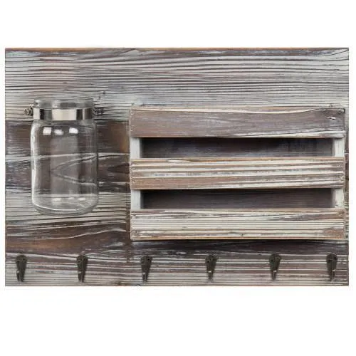 Torched Wood Mail Sorter with Hooks & Mason Jar