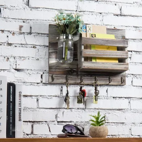 Torched Wood Mail Sorter with Hooks & Mason Jar