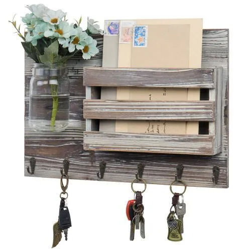 Torched Wood Mail Sorter with Hooks & Mason Jar