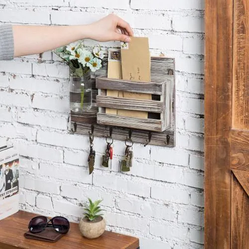 Torched Wood Mail Sorter with Hooks & Mason Jar