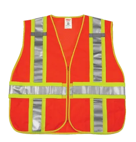 Type R Class 2 Adjustable Vest - Fluorescent Orange-Red - Polyester Mesh - Zipper Closure - 2 Mic Tabs - 4 Interior Pockets - Two-Tone Silver Reflective Tape