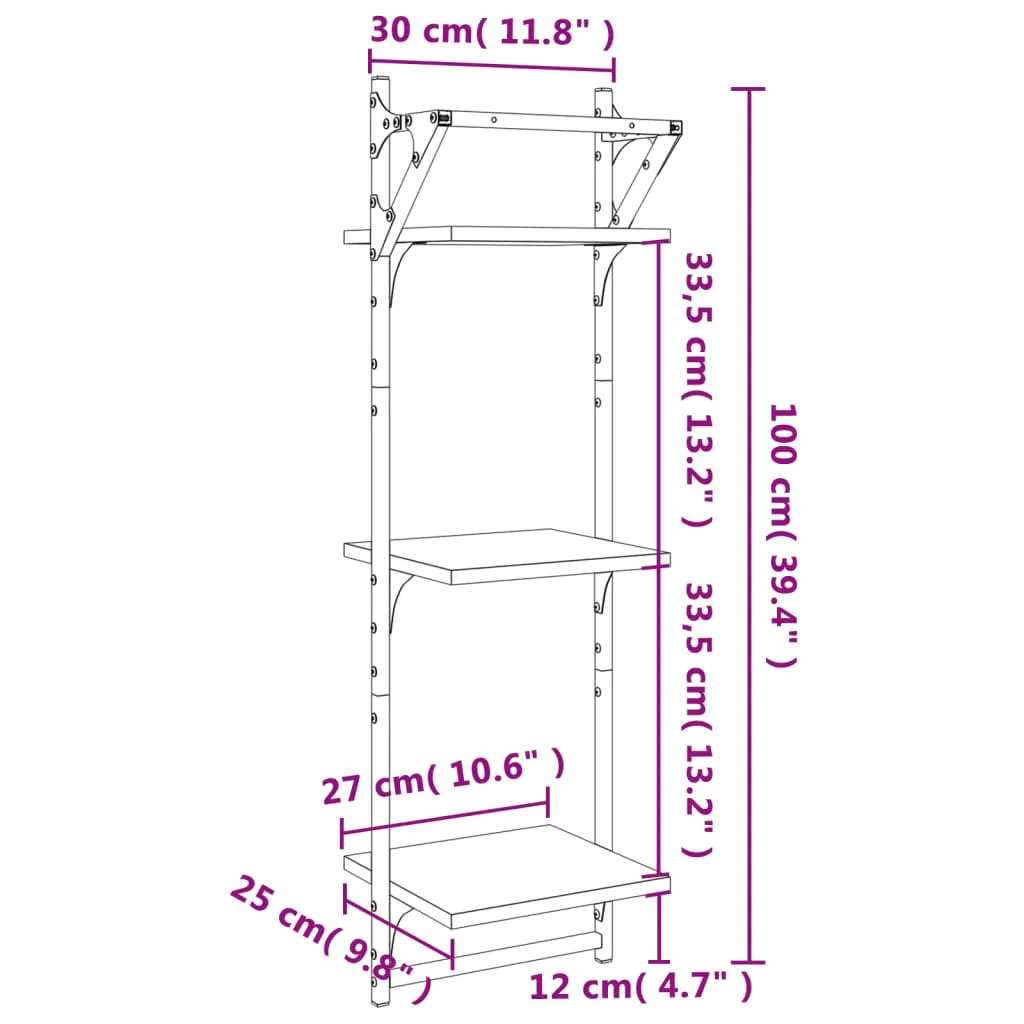 vidaXL 3-Tier Wall Shelves with Bars 2 pcs Smoked Oak 30x25x100 cm