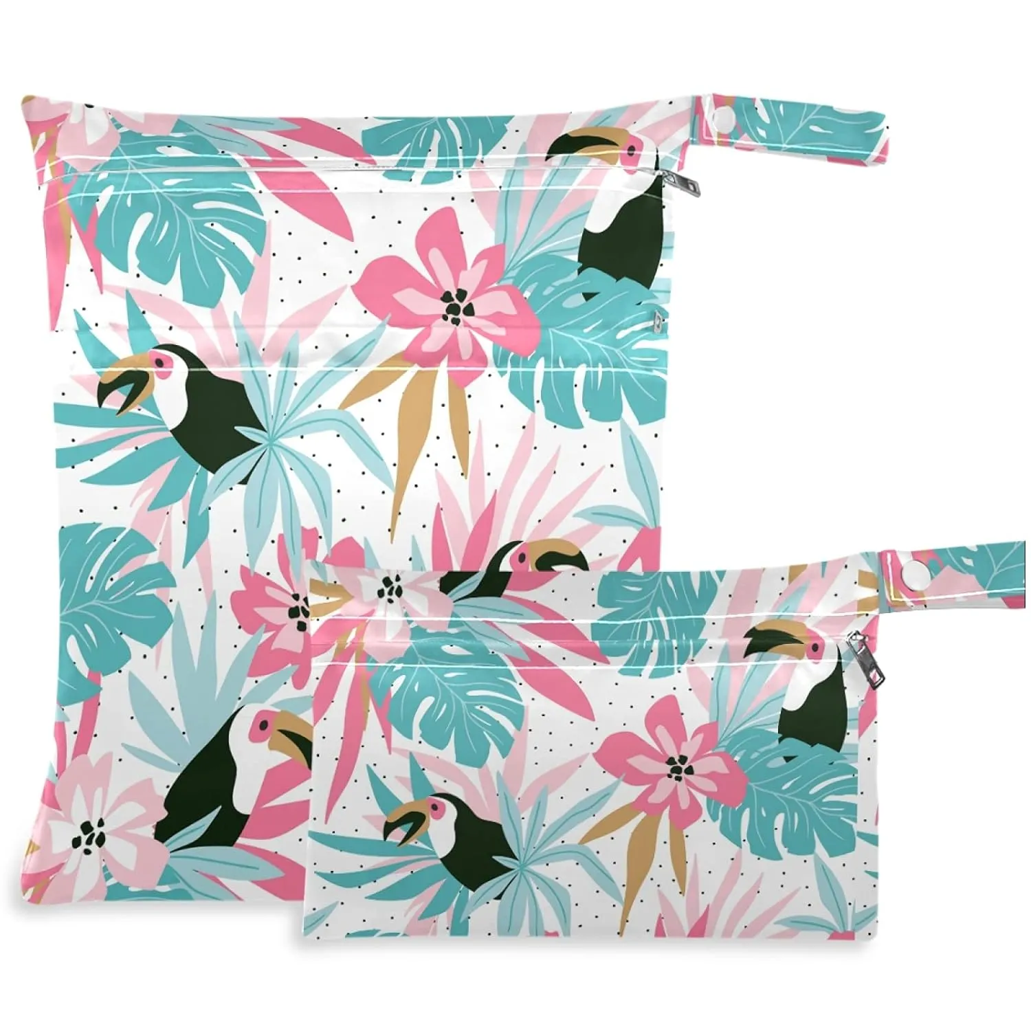 visesunny Tropical Palm Flower Parrot Animal 2Pcs Wet Bag with Zippered Pockets Washable Reusable Roomy for Travel,Beach,Pool,Daycare,Stroller,Diapers,Dirty Gym Clothes, Wet Swimsuits, Toiletries