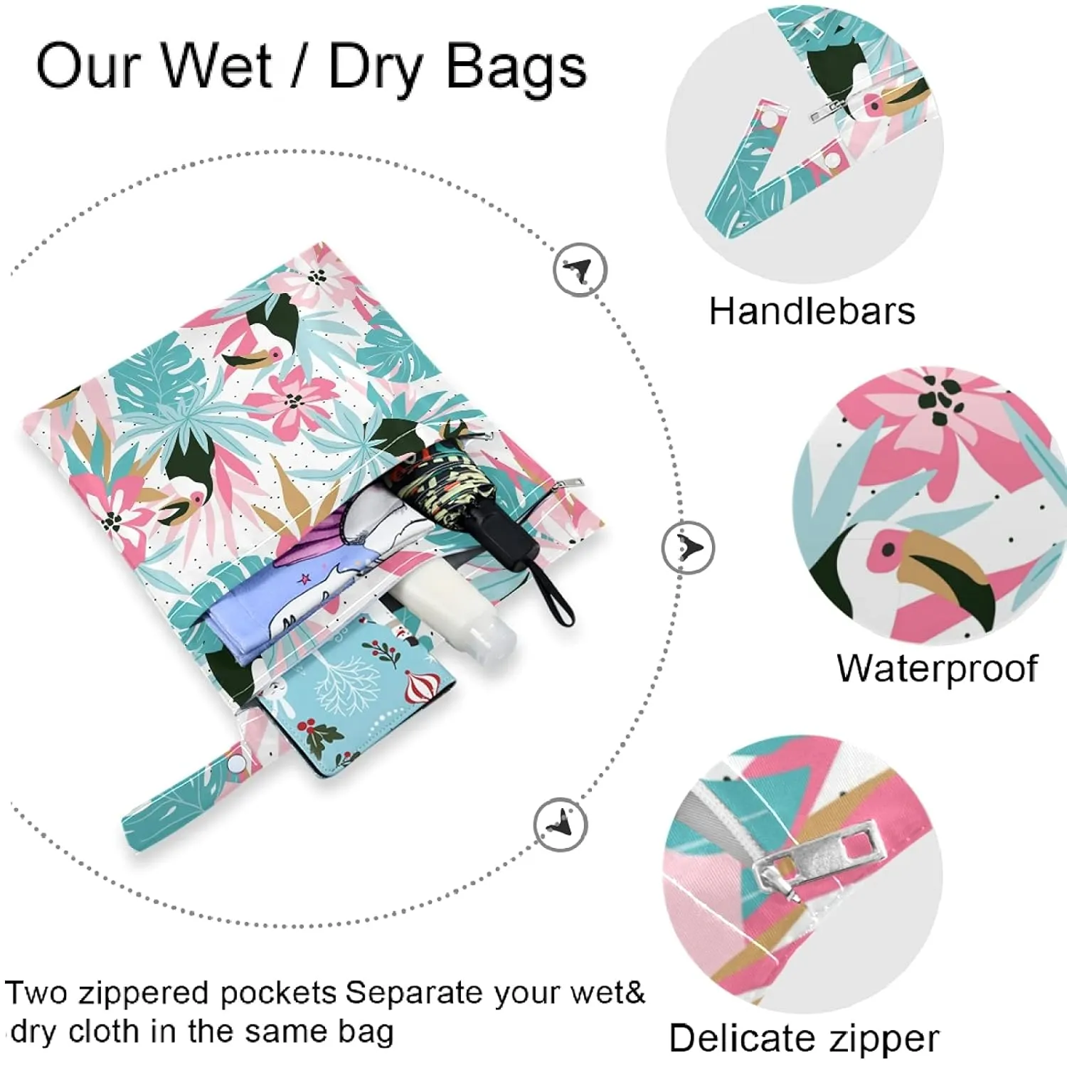 visesunny Tropical Palm Flower Parrot Animal 2Pcs Wet Bag with Zippered Pockets Washable Reusable Roomy for Travel,Beach,Pool,Daycare,Stroller,Diapers,Dirty Gym Clothes, Wet Swimsuits, Toiletries