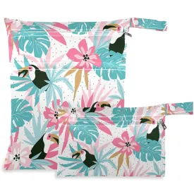 visesunny Tropical Palm Flower Parrot Animal 2Pcs Wet Bag with Zippered Pockets Washable Reusable Roomy for Travel,Beach,Pool,Daycare,Stroller,Diapers,Dirty Gym Clothes, Wet Swimsuits, Toiletries