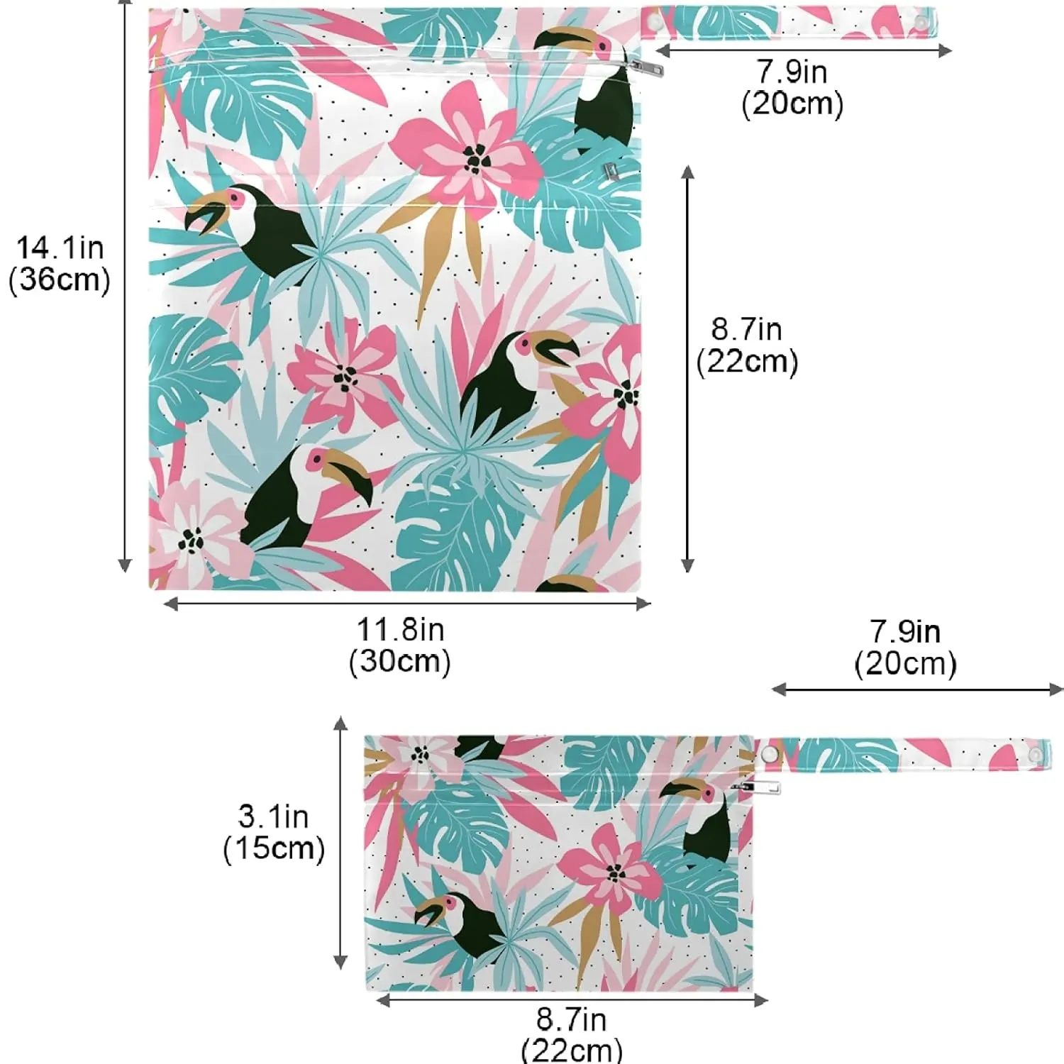 visesunny Tropical Palm Flower Parrot Animal 2Pcs Wet Bag with Zippered Pockets Washable Reusable Roomy for Travel,Beach,Pool,Daycare,Stroller,Diapers,Dirty Gym Clothes, Wet Swimsuits, Toiletries