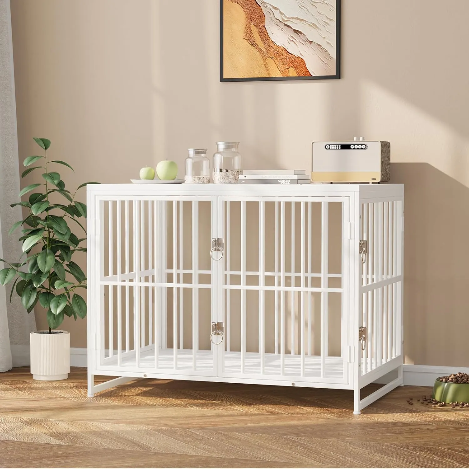 VOWNER 38 Inch Heavy Duty Dog Crate Furniture, Decorative Dog Kennel End Table, Wooden Pet House Indoor, Double Door with Double Locks, for Medium Large Dogs, 38.2" L X 24.8" W X 28.8" H, White