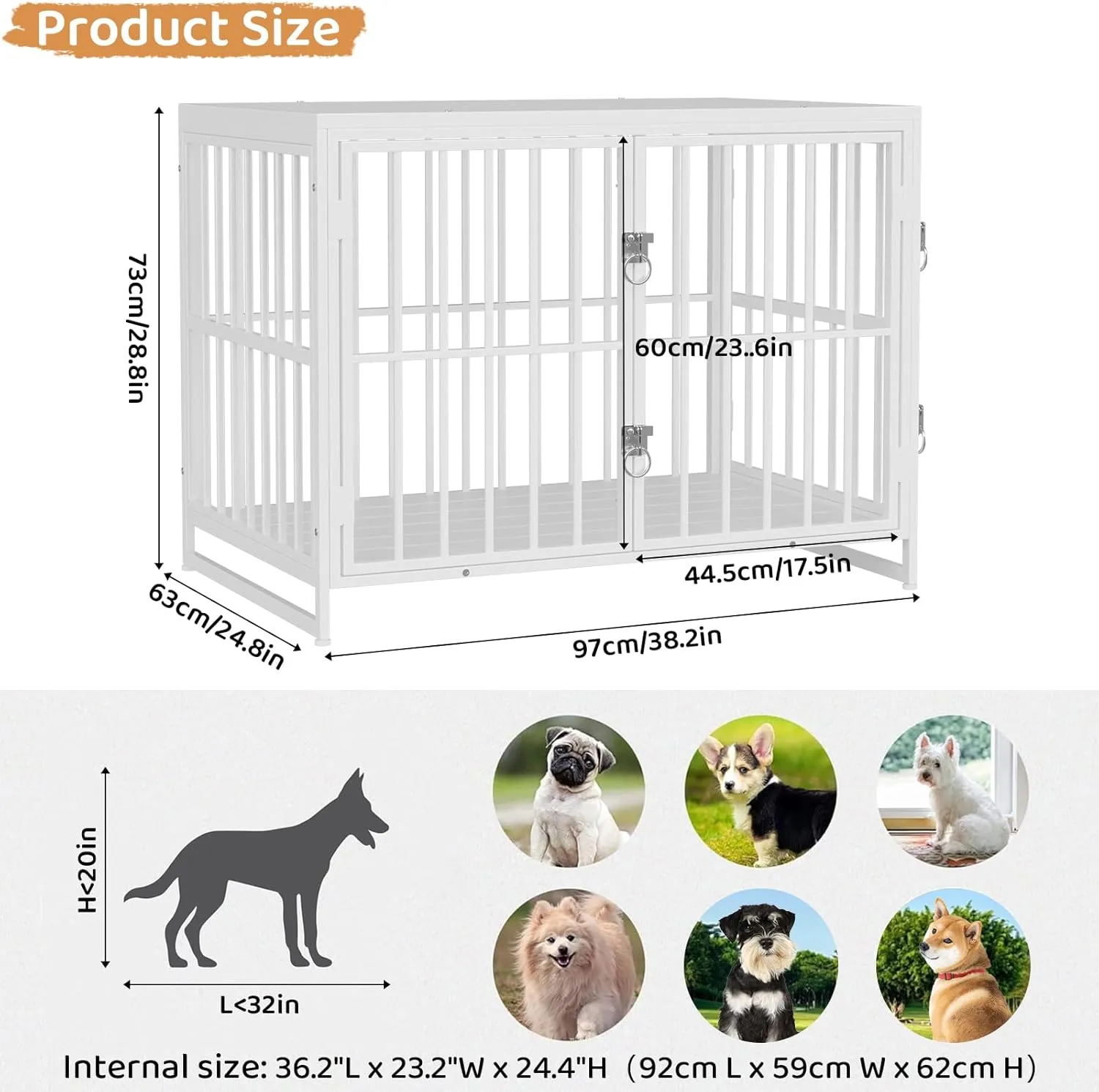 VOWNER 38 Inch Heavy Duty Dog Crate Furniture, Decorative Dog Kennel End Table, Wooden Pet House Indoor, Double Door with Double Locks, for Medium Large Dogs, 38.2" L X 24.8" W X 28.8" H, White