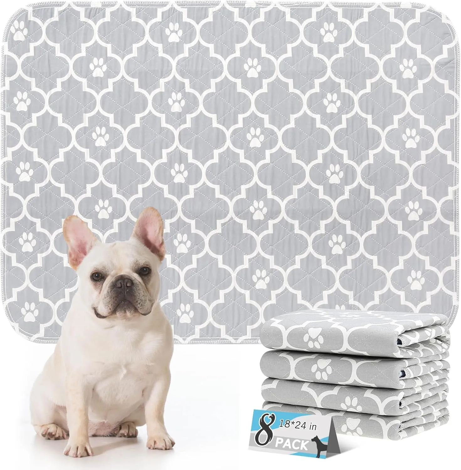 Washable Pee Pads for Dogs - 18x24 8PCS, Whelping Pad for Puppy Training, Playpen Crate Bed Floor Protector, Reusable Dog Potty Pads Non-Slip, Super Absorbent & Odor Controlling, Gray Floral