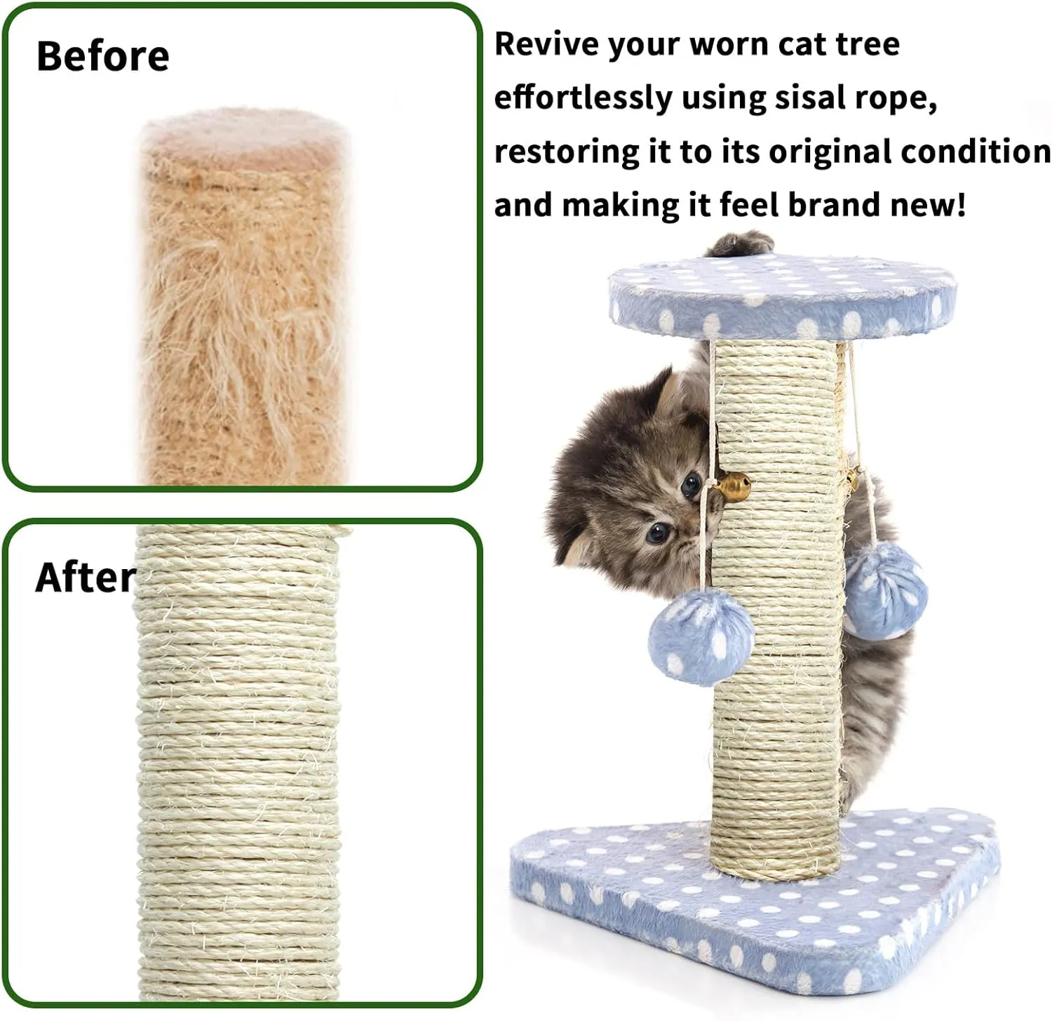 White Sisal Rope 3mm by 164-Feet for Cat Scratching Post Tree Tower Replacement Repair and Replace, DIY Hemp Twine Rope for Kittens Shelves Furniture Window Bed Perch House Climbing, 3mm by 50m